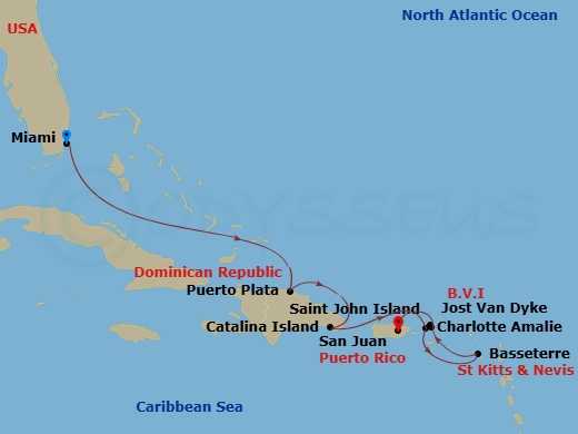 EXPLORA I - 8 Night - A Journey of Sparkling Skies & Bright Beginnings - EXPLORA I - Starting in Miami, Puerto Plata, Dominican Republic, Isla Catalina, St John VI (Cruz.. itinerary map