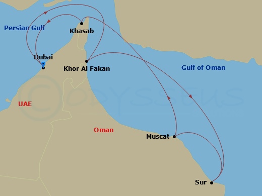 EXPLORA II - 7 Night - A Journey of Mediative Moments in the Arabian Gulf - EXPLORA II - Starting in Dubai, Khor Fakkan, Sur, Muscat, Khasab, Dubai itinerary map