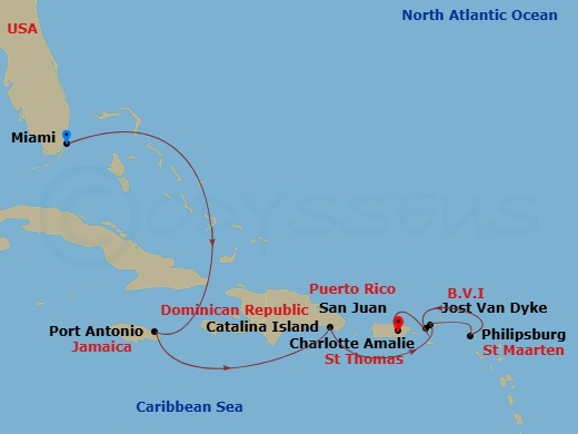 EXPLORA III - 8 Night - A Journey of Tropical Festivities & Dazzling Island Beauty - EXPLORA III - Starting in Miami, Ocho Rios, Jamaica, Isla Catalina, Jost Van Dyke, St M.. itinerary map