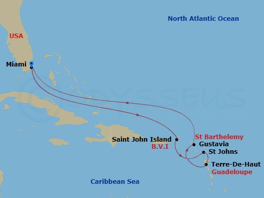 EXPLORA III - 7 Night - A Journey of Colourful Treasures & Idyllic Island Scenery - EXPLORA III - Starting in Miami, St John VI (Cruz Bay), US Virgin Islands, St Johns AG,.. itinerary map