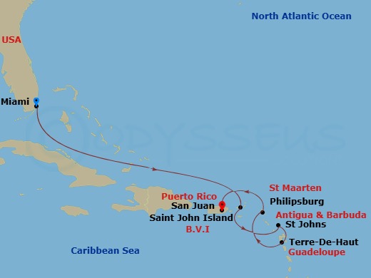 EXPLORA III - 7 Night - A Journey of Caribbean Adventure & Shimmering Tropical Harmony - EXPLORA III - Starting in Miami, St John VI (Cruz Bay), US Virgin Islands, St Johns.. itinerary map