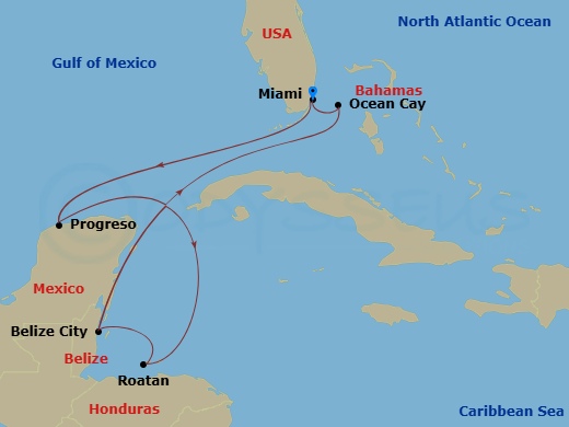 EXPLORA I - 8 Night - A Journey Through Mayan Marvels, Rich Reefs & Ocean Serenity - EXPLORA I - Starting in Miami, Merida (Progreso), Roatan Island, Belize City, Ocean C.. itinerary map