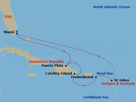 EXPLORA III - 7 Night - A Journey of Blissful Escapes & Island Splendour - EXPLORA III - Starting in San Juan, Road Bay, St Johns AG, Antigua, Frederiksted, Saint Croix, Is.. itinerary map