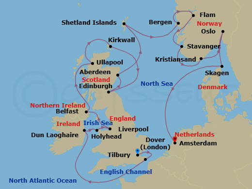 21 Night - British Isles & Viking Shores - Viking Vela - Starting in London (Tilbury), Dover UK, Scenic Sailing English Channel, Dublin (Dun Laoghaire), Holyhead, Liverpool, Belfast, The Highlands (Ullapool), Orkney Islands (Kirkwall), Edinburgh (Newhaven Harbour), Aberdeen, Shetland Islands (Lerwick), Bergen, Flam, Norway, Stavanger, Kristiansand, Oslo, Skagen, Sail the North Sea, Amsterdam itinerary map
