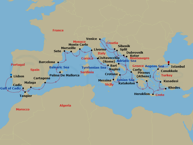 35 Night - Grand Mediterranean Explorer - Viking Neptune - Starting in Lisbon, Seville (Cadiz), Tangier, Granada (Malaga), Murcia (Cartagena ES, Spain), Palma De Mallorca, Barcelona, Sete, Marseille, Monte Carlo, Florence / Pisa (Livorno), Rome (Civitavecchia), Naples, Sicily (Messina), Crotone, Bari, Sibenik, Venice, Split, Dubrovnik, Croatia, Kotor, Corfu (Kerkyra), Katakolon (Olympia), Athens (Piraeus), Crete (Heraklion), Rhodes, Ephesus (Kusadasi), Troy (Canakkale), Istanbul itinerary map