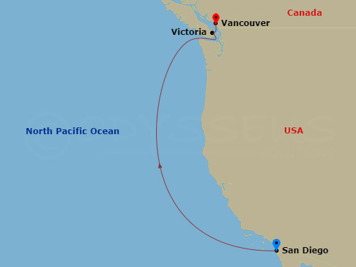 HAL Nieuw Amsterdam - 4 Night - Pacific Coastal Cruise - HAL Nieuw Amsterdam - Starting in San Diego, California, Victoria CA, Canada, Vancouver, BC, CA itinerary map