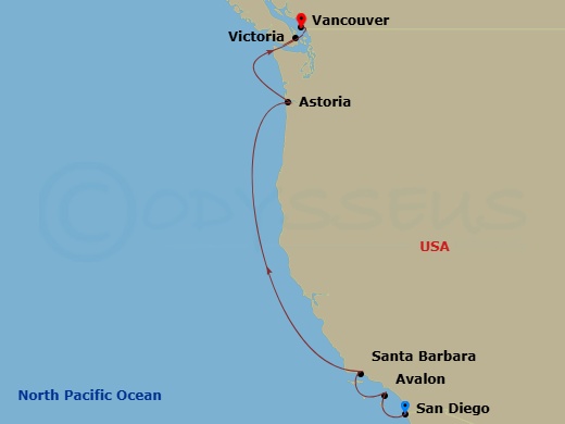HAL Zaandam - 7 Night - Wine Country & Pacific Northwest - HAL Zaandam - Starting in San Diego, California, Avalon, California, Santa Barbara, California, Astoria, Oregon,.. itinerary map