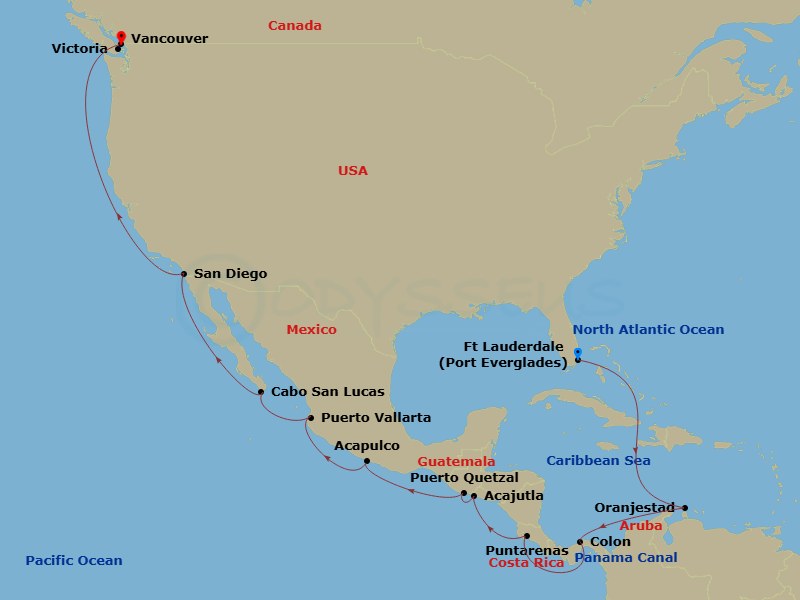 HAL Nieuw Amsterdam - 21 Night - Panama Canal - HAL Nieuw Amsterdam - Starting in Fort Lauderdale, Florida, Oranjestad, Aruba, Enter Panama Canal Cristobal, Cruising Panama Canal,.. itinerary map