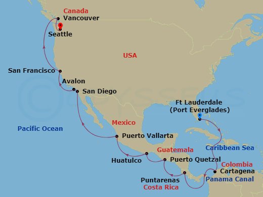 HAL Eurodam - 21 Night - Panama Canal - HAL Eurodam - Starting in Fort Lauderdale, Florida, Cartagena CO, Enter Panama Canal Cristobal, Cruising Panama Canal, Exit Panama C.. itinerary map