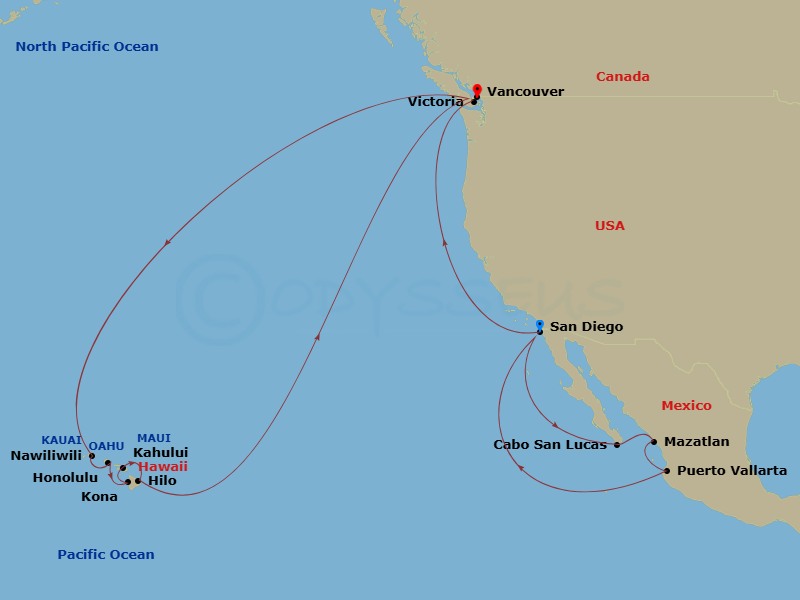 HAL Koningsdam - 28 Night - Mexico Riviera, Pacific Coastal & Circle Hawaii - HAL Koningsdam - Starting in San Diego, California, Cabo San Lucas, Mexico, Mazatlan, Mexico, Pue.. itinerary map