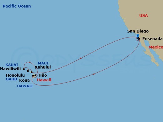 HAL Koningsdam - 17 Night - Circle Hawaii - HAL Koningsdam - Starting in San Diego, California, Honolulu, Hawaii, Kahului, Maui, Nawiliwili, Kauai, Hawaii, Hilo, Hawaii, Kona,.. itinerary map