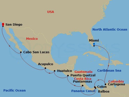 HAL Zuiderdam - 14 Night - Panama Canal - HAL Zuiderdam - Starting in Miami, Florida, Cartagena CO, Enter Panama Canal Cristobal, Cruising Panama Canal, Exit Panama Canal Bal.. itinerary map