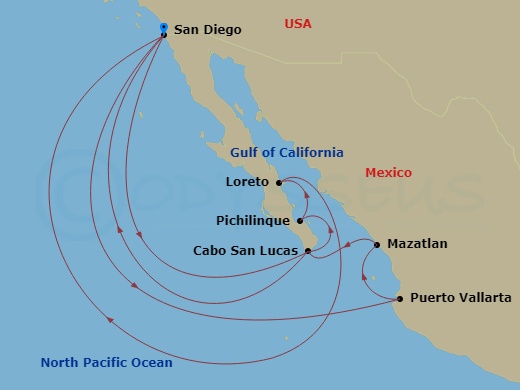 HAL Koningsdam - 14 Night - Mexican Riviera & Baja Peninsula Holiday - HAL Koningsdam - Starting in San Diego, California, Puerto Vallarta, Mexico, Mazatlan, Mexico, Cabo San.. itinerary map