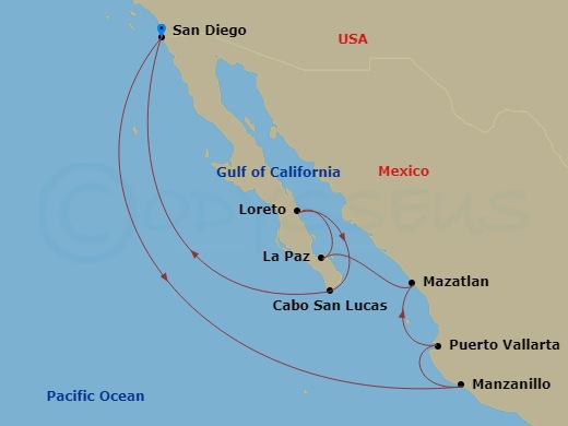 HAL Koningsdam - 11 Night - Mexican Riviera & Sea of Cortez - HAL Koningsdam - Starting in San Diego, California, Manzanillo, Mexico, Puerto Vallarta, Mexico, Mazatlan, Mexico.. itinerary map