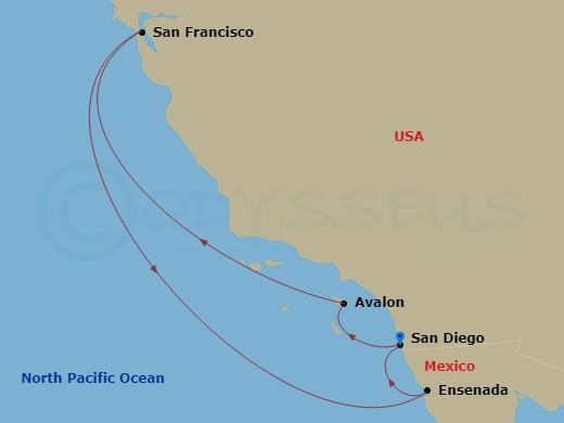 HAL Koningsdam - 7 Night - Classic California Coast - HAL Koningsdam - Starting in San Diego, California, Avalon, California, San Francisco, California, Ensenada, Mexico, San.. itinerary map