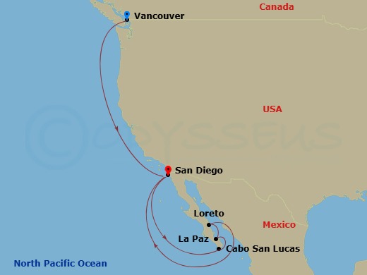 HAL Zaandam - 11 Night - Mexican Riviera & Pacific Coast - HAL Zaandam - Starting in Vancouver, BC, CA, San Diego, California, Cabo San Lucas, Mexico, Pichilingue (La Paz),.. itinerary map