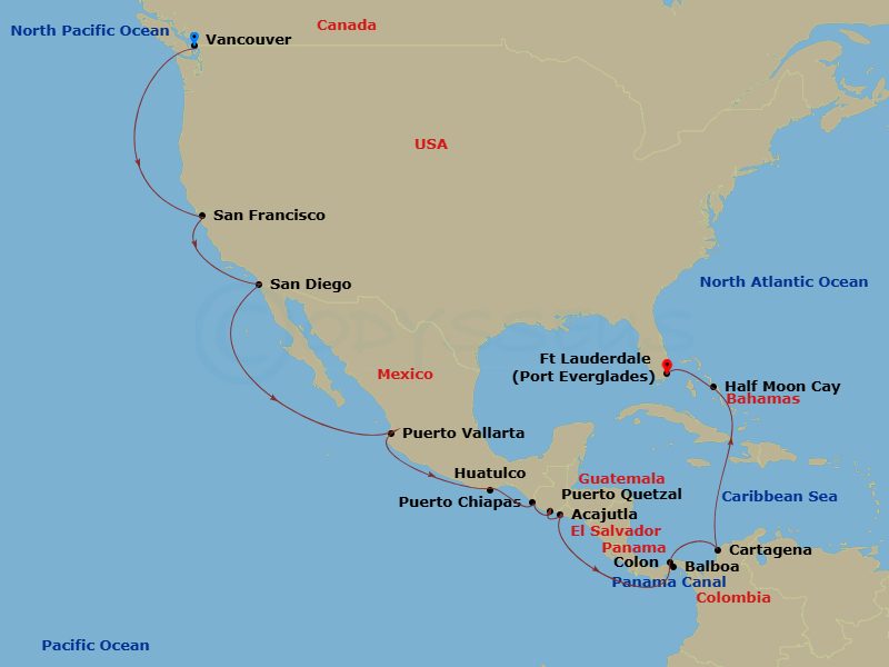 HAL Nieuw Amsterdam - 21 Night - Panama Canal - HAL Nieuw Amsterdam - Starting in Vancouver, BC, CA, San Francisco, California, San Diego, California, Puerto Vallarta, Mexico, Huat.. itinerary map