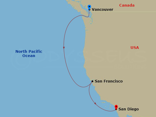 HAL Nieuw Amsterdam - 5 Night - Pacific Coastal Cruise - HAL Nieuw Amsterdam - Starting in Vancouver, BC, CA, San Francisco, California, San Diego, California itinerary map
