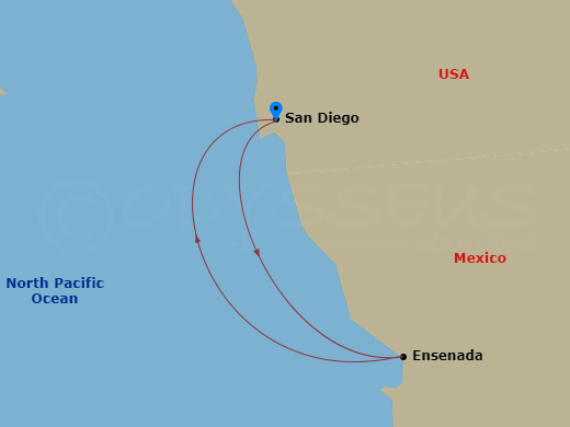 RCL Serenade of the Seas - 3 Night - Ensenada Cruise - RCL Serenade of the Seas - Starting in San Diego, California, Ensenada, Mexico, San Diego, California itinerary map