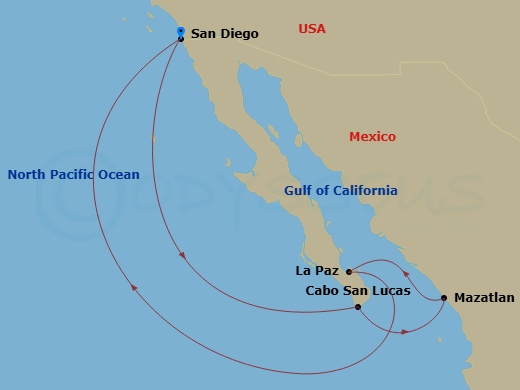 RCL Serenade of the Seas - 7 Night - Cabo, Mazatlan & La Paz - RCL Serenade of the Seas - Starting in San Diego, California, Cabo San Lucas, Mexico, Mazatlan, Mexico, La Paz, Mexico, Sa.. itinerary map