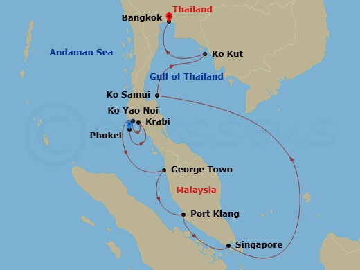 Star Seeker - 11 Night - Tantalizing Thailand & Sparkling Singapore - Star Seeker - Starting in Phuket, Thailand, Krabi, Thailand, Ko Yao Noi, Thailand, George Town, Penang.. itinerary map