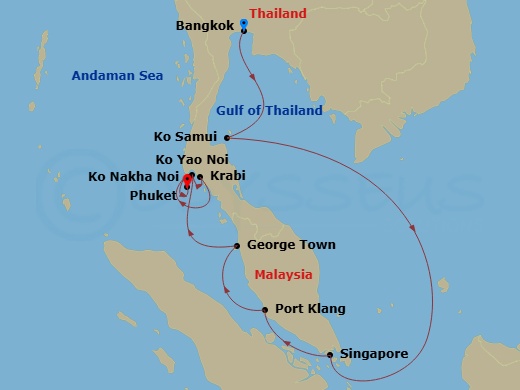 Star Seeker - 11 Night - Tantalizing Thailand & Sparkling Singapore - Star Seeker - Starting in Klong Toey (Bangkok), Thailand, Cruising Chao Phraya River, Ko Samui, Thaila.. itinerary map