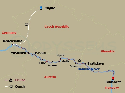 AmaMagna Cruise Tours - 12 Night - Magna On the Danube with Prague Pre-Cruise and Budapest Post-Cruise - AmaMagna Cruise Tours - Starting in Prague, Regensburg, Vilshofen, Passau, Li.. itinerary map