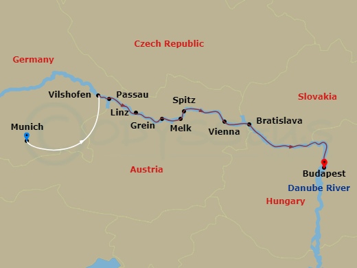 AmaMagna Cruise Tours - 11 Night - Magna On the Danube with Munich Pre-Cruise and Budapest Post-Cruise - AmaMagna Cruise Tours - Starting in Munich, Vilshofen, Passau, Linz, Grein, M.. itinerary map