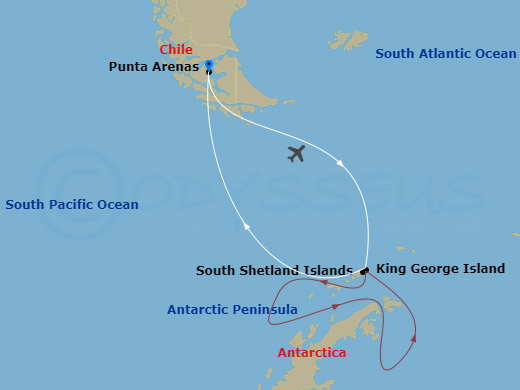 Ocean Explorer Cruise Tours - 10 Night - Antarctic Express : Crossing the Circle - Ocean Explorer Cruise Tours - Starting in Arrive in Punta Arenas, Chile, Fly to King George Island and Em.. itinerary map