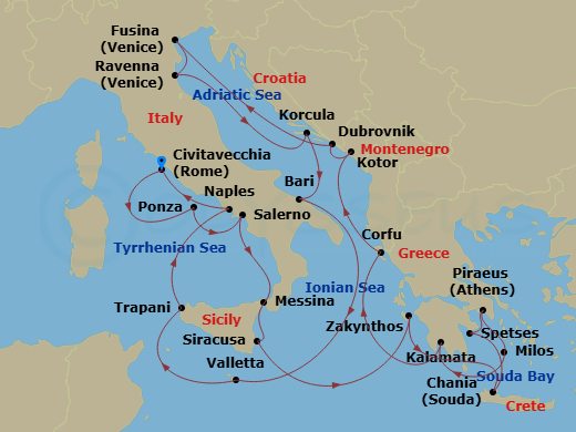 Crystal Symphony - 24 Night - Europe & Mediterranean - Crystal Symphony - Starting in Civitavecchia (Rome), Ponza, Salerno, Messina, Siracusa (Sicily), Zakynthos, Souda Bay (Cre.. itinerary map