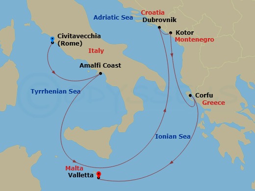 Crystal Symphony - 7 Night - Europe & Mediterranean - Crystal Symphony - Starting in Civitavecchia (Rome), Amalfi, Dubrovnik, Croatia, Kotor, Corfu, Valletta itinerary map