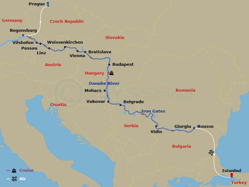AmaBella Cruise Tours - 20 Night - Grand Danube (Smithsonian Journeys) with Prague Pre-Cruise and Istanbul Post-Cruise - AmaBella Cruise Tours - Starting in Prague, Regensburg, Vilsh.. itinerary map