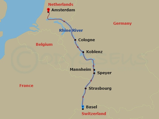 MS Amadeus Aurea Cruise Tours - 7 Night - Golf Cruise On the Rhine - MS Amadeus Aurea Cruise Tours - Starting in Basel, Strasbourg, Speyer, Mannheim, Koblenz, Cologne, Amsterdam itinerary map