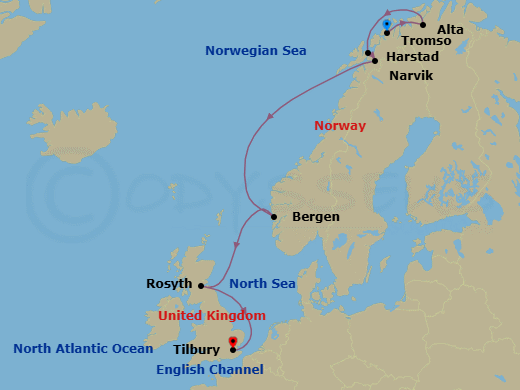 12 Night - In Search of Northern Lights - Viking Libra - Starting in Tromso, Alta, Harstad, Narvik, Scenic Sailing Norwegian Inside Passage, Bergen, Sail the North Sea, Rosyth (Edinburgh), Sail the North Sea, London (Tilbury) itinerary map