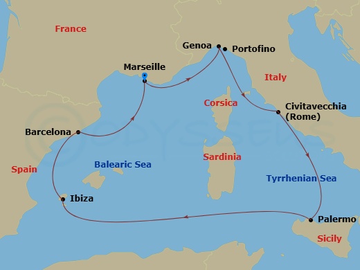MSC Seaview - 7 Night - Mediterranean - MSC Seaview - Starting in Marseille (Provence), France, Genoa (Portofino), Italy, Civitavecchia (Rome), Italy, Palermo (Monreale), I.. itinerary map