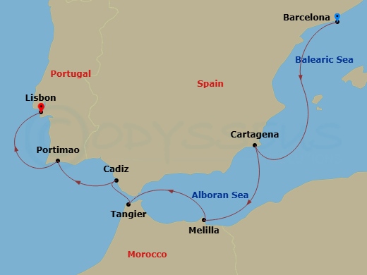 Crystal Symphony - 7 Night - Europe & Mediterranean - Crystal Symphony - Starting in Barcelona, Cartagena ES, Spain, Melilla, Tangier, Cadiz, Portimao, Lisbon itinerary map