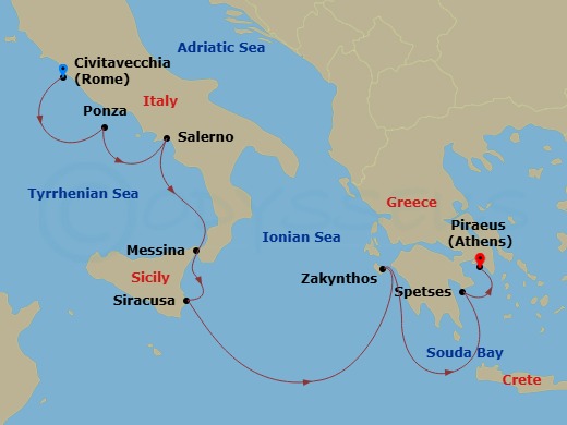 Crystal Symphony - 8 Night - Europe & Mediterranean - Crystal Symphony - Starting in Civitavecchia (Rome), Ponza, Salerno, Messina, Siracusa (Sicily), Zakynthos, Souda Bay (Cret.. itinerary map