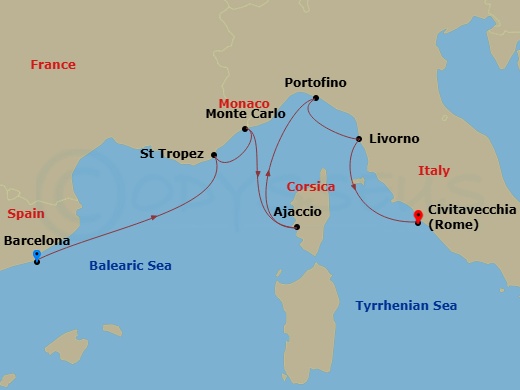 Crystal Symphony - 7 Night - Europe & Mediterranean - Crystal Symphony - Starting in Barcelona, Saint Tropez, Monte Carlo, Ajaccio (Corsica), Portofino, Livorno (Tuscany), Civit.. itinerary map