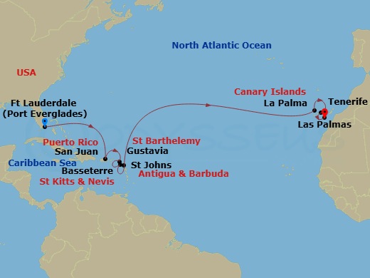 Crystal Symphony - 14 Night - Transoceanic - Crystal Symphony - Starting in Fort Lauderdale, San Juan, Gustavia, St Barthelemy, St Kitts (Basseterre), St Johns AG, Santa Cruz de.. itinerary map