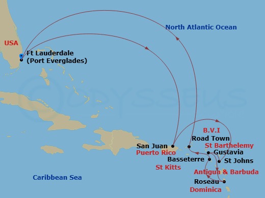 Crystal Symphony - 11 Night - The Americas & Caribbean - Crystal Symphony - Starting in Fort Lauderdale, San Juan, St Johns, Gustavia, St Barthelemy, Roseau, St Kitts (Basseterr.. itinerary map