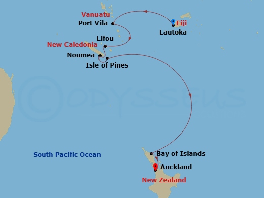 Crystal Serenity - 11 Night - South Pacific - Crystal Serenity - Starting in Lautoka, Port Vila, Lifou, Noumea, Pine Island, Bay of Islands, Auckland itinerary map
