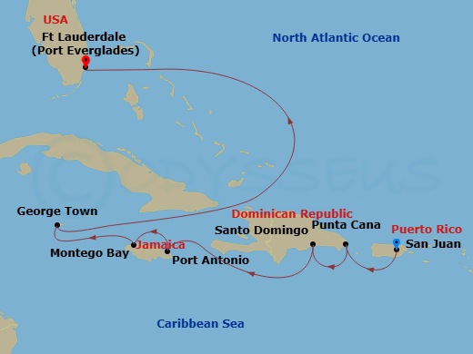 Crystal Symphony - 9 Night - The Americas & Caribbean - Crystal Symphony - Starting in San Juan, Punta Cana, Santo Domingo, Port Antonio, Montego Bay, George Town (Grand Cayman).. itinerary map
