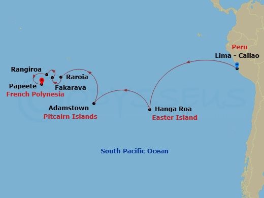 Crystal Serenity - 16 Night - Transoceanic - Crystal Serenity - Starting in Lima (Callao), Hanga Roa, Adamstown (Sightseeing Only), Raroia, Fakarava, Rangiroa, Papeete (Tahiti) itinerary map