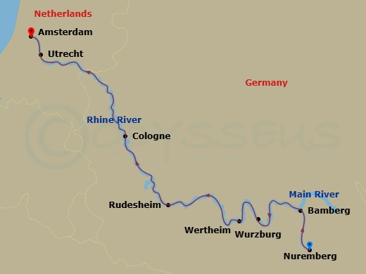 MS Amadeus Aurea - 7 Night - Three-Rivers Cruise - MS Amadeus Aurea - Starting in Nuremberg, Bamberg, Wurzburg, Wertheim, Rudesheim, Cologne, Utrecht, Amsterdam itinerary map