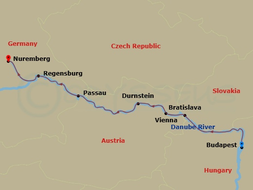 MS Amadeus Aurea - 7 Night - Blue Danube - MS Amadeus Aurea - Starting in Budapest, Bratislava, Vienna, Durnstein, Passau, Regensburg, Nuremberg itinerary map