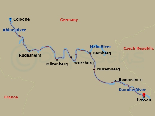 MS Amadeus Aurea - 7 Night - Rhine & Danube Symphony - MS Amadeus Aurea - Starting in Cologne, Rudesheim, Miltenberg, Wurzburg, Bamberg, Nuremberg, Regensburg, Passau itinerary map