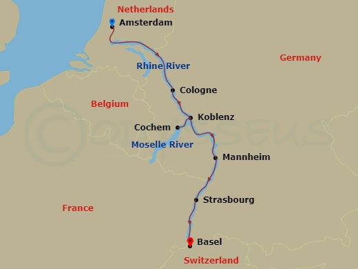 MS Amadeus Aurea - 7 Night - Classical Rhine Cruise - MS Amadeus Aurea - Starting in Amsterdam, Cologne, Cochem, Koblenz, Mannheim, Strasbourg, Basel itinerary map