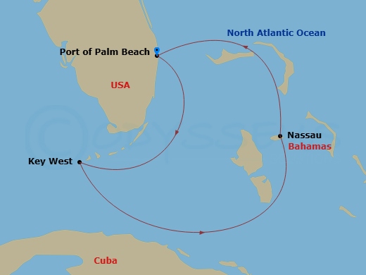 Margaritaville Paradise - 4 Night - Key West & Nassau - Margaritaville Paradise - Starting in Port of Palm Beach, Key West, FL, Nassau, Bahamas, Port of Palm Beach itinerary map