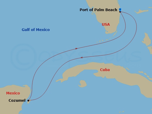 Margaritaville Paradise - 4 Night - Cozumel Express - Margaritaville Paradise - Starting in Port of Palm Beach, Cozumel, Mexico, Port of Palm Beach itinerary map