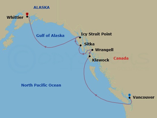 7 Night - Vancouver / Whittier - Luminara - Starting in Vancouver, Klawock, Wrangell, Sitka, Icy Strait Point, Whittier itinerary map